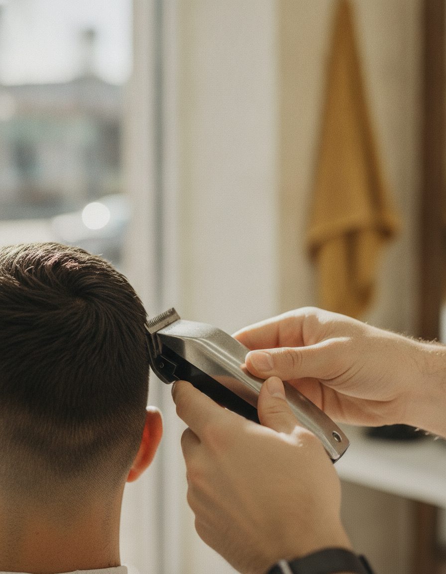 Barber's hands finishing a crisp neckline fade on the back of a client's head