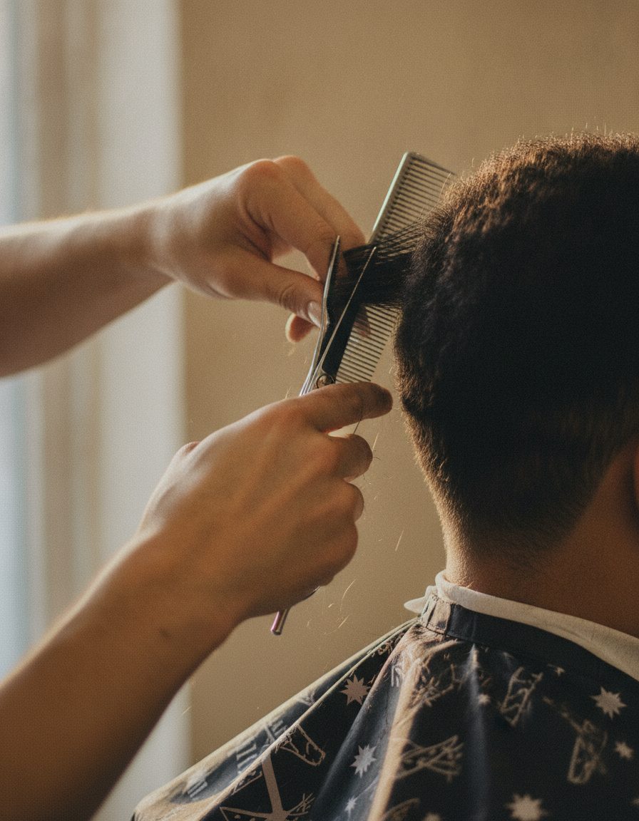 Barber combing and scissor-cutting hair on the back of a client's head
