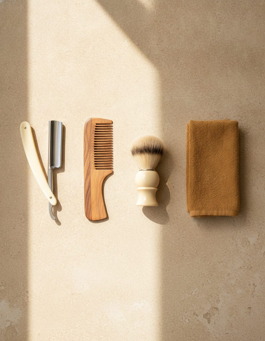 Barber tools laid out on a counter: straight razor, comb, brush and towel