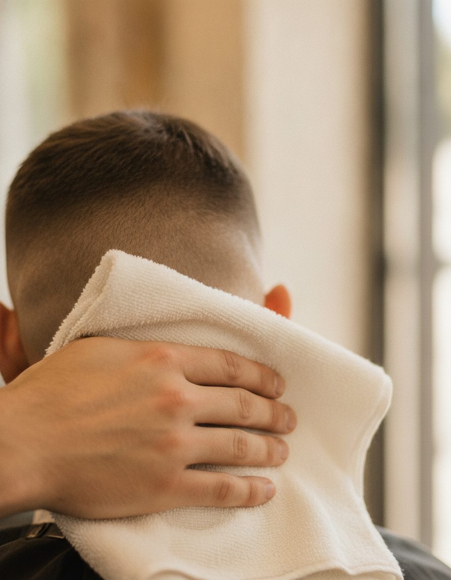 Barber pressing a warm towel against the back of a client's neck after a haircut